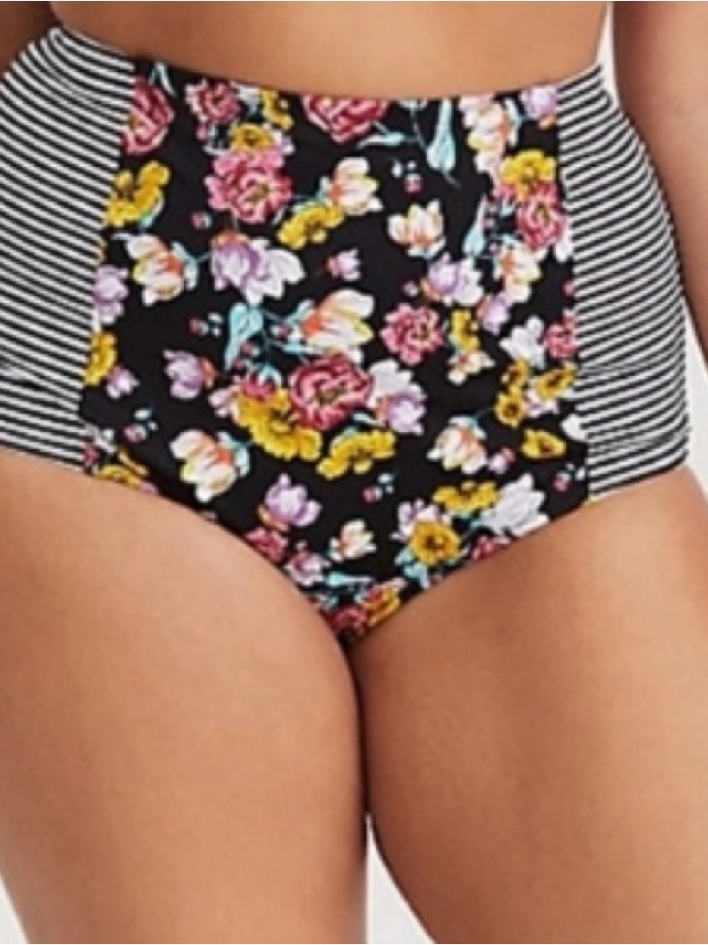 torrid Black Floral & Striped High Waist Swim Bottoms